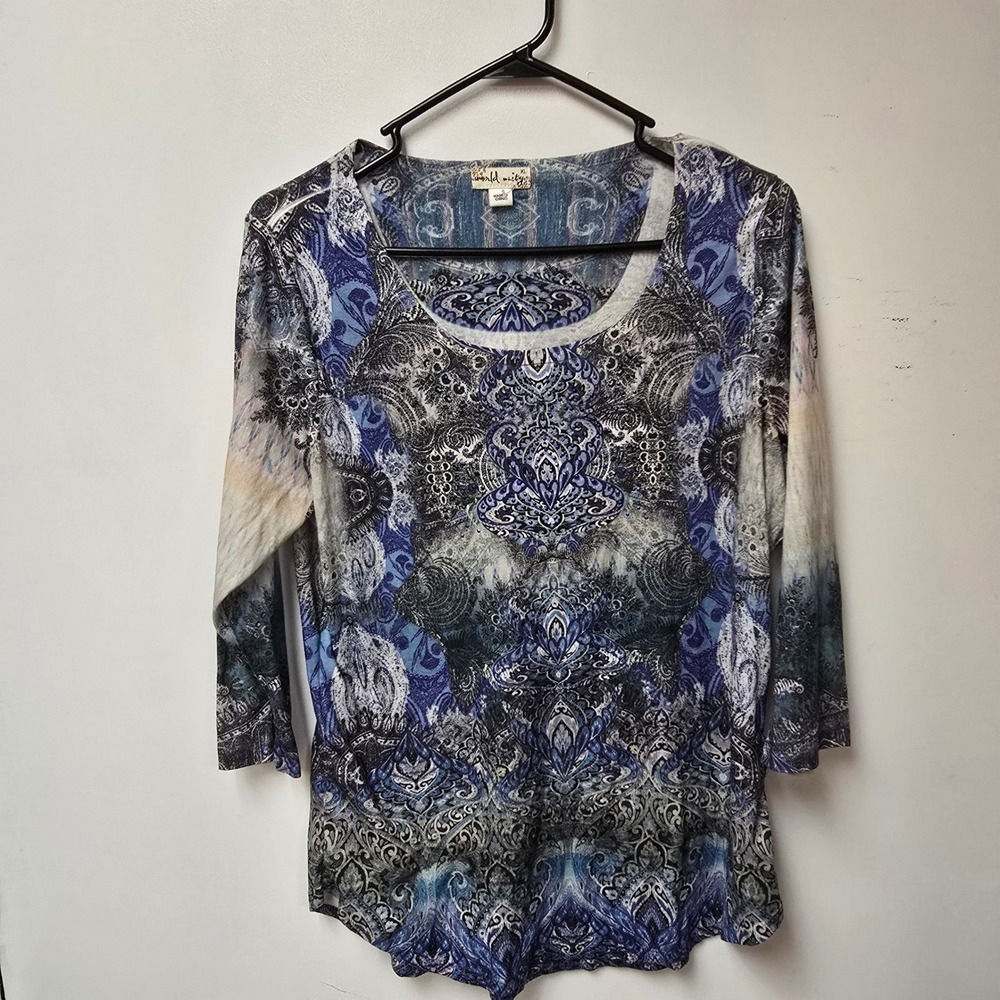 World Unity Womens XL Blue‎ Paisley Rhinestone Embellished 3/4 Sleeve Knit Top